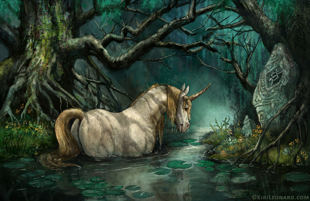 Illustration on a unicorn walking through swamp waters. Art by Kiri Østergaard Leonard, 2016, see more at KiriLeonard.com